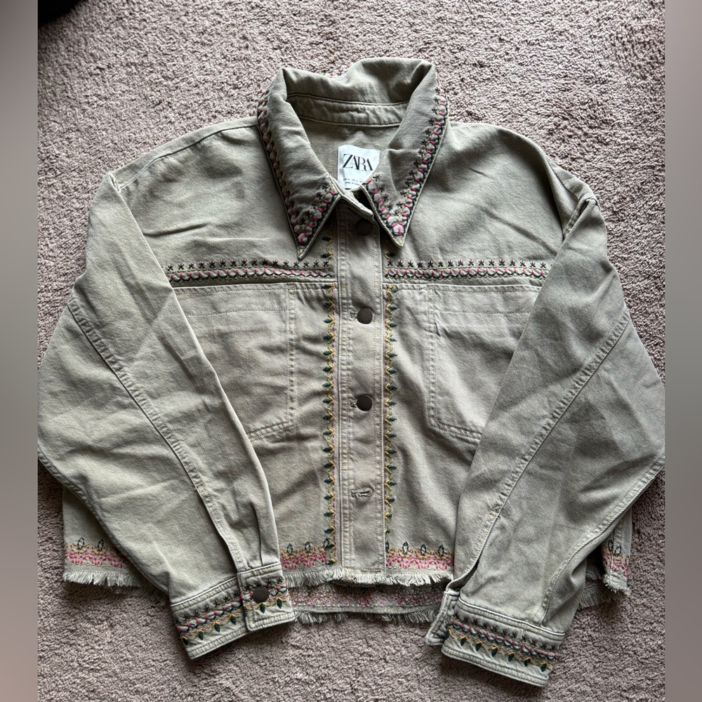 Zara Women's Embroidered Olive Green Denim Jean Jacket